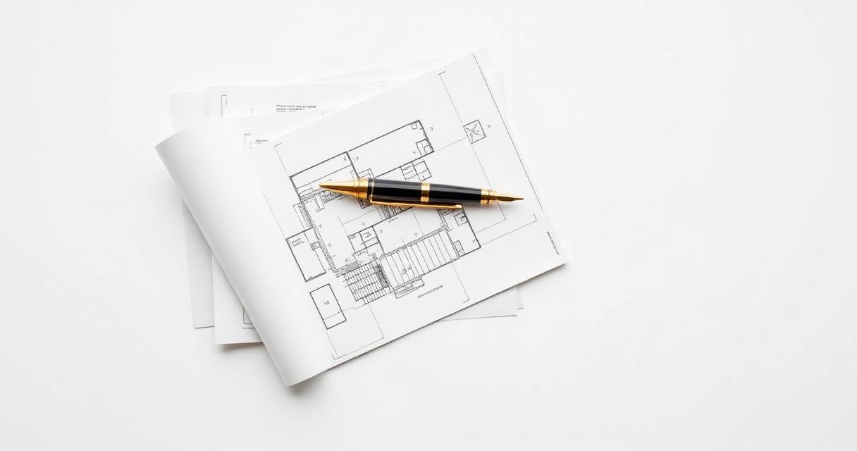 Blueprints and a pen on a white surface